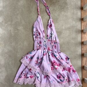 Floral Halter Dress with Lace Trim